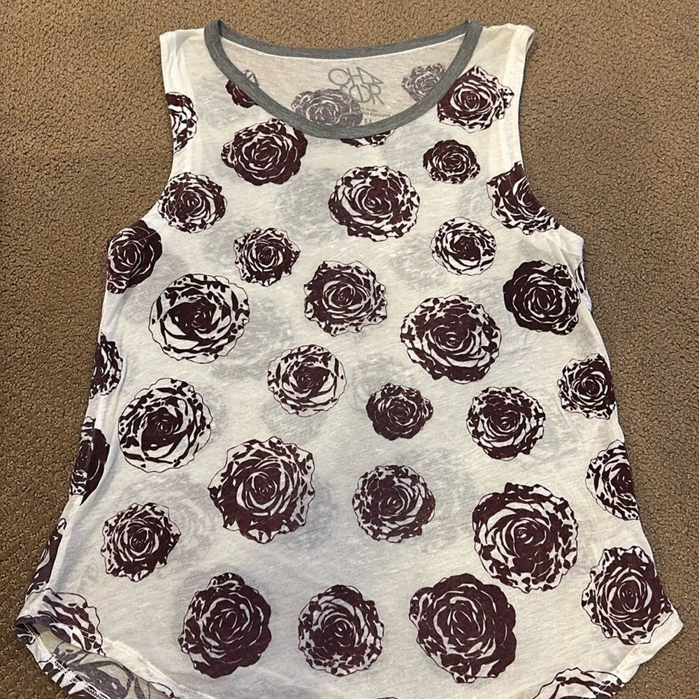Chaser Women’s Sheer White Tank Top with Grey Trim and Brown Velvet Roses Size M
